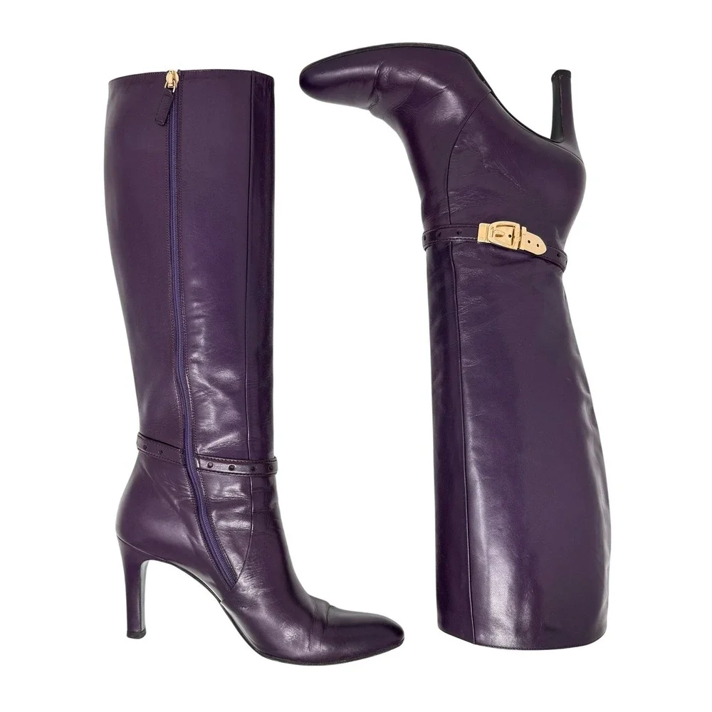 Gucci Knee High Boots Purple Leather Equestrian Early 2000s IT 37.5 / US 7.5B - Picture 3 of 14